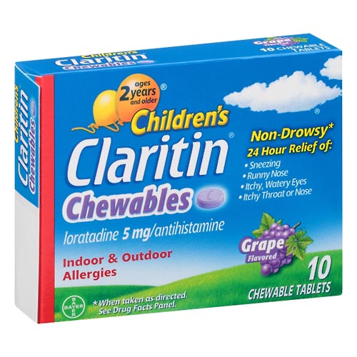 Image for Claritin Allergies, Indoor & Outdoor, 5 mg, Grape Flavor, Chewable Tablets,10ea from HomeTown Pharmacy - Stockbridge