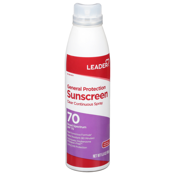 Image for Leader Sunscreen, Clear Continuous Spray, Broad Spectrum SPF 70,5.5oz from HomeTown Pharmacy - Stockbridge